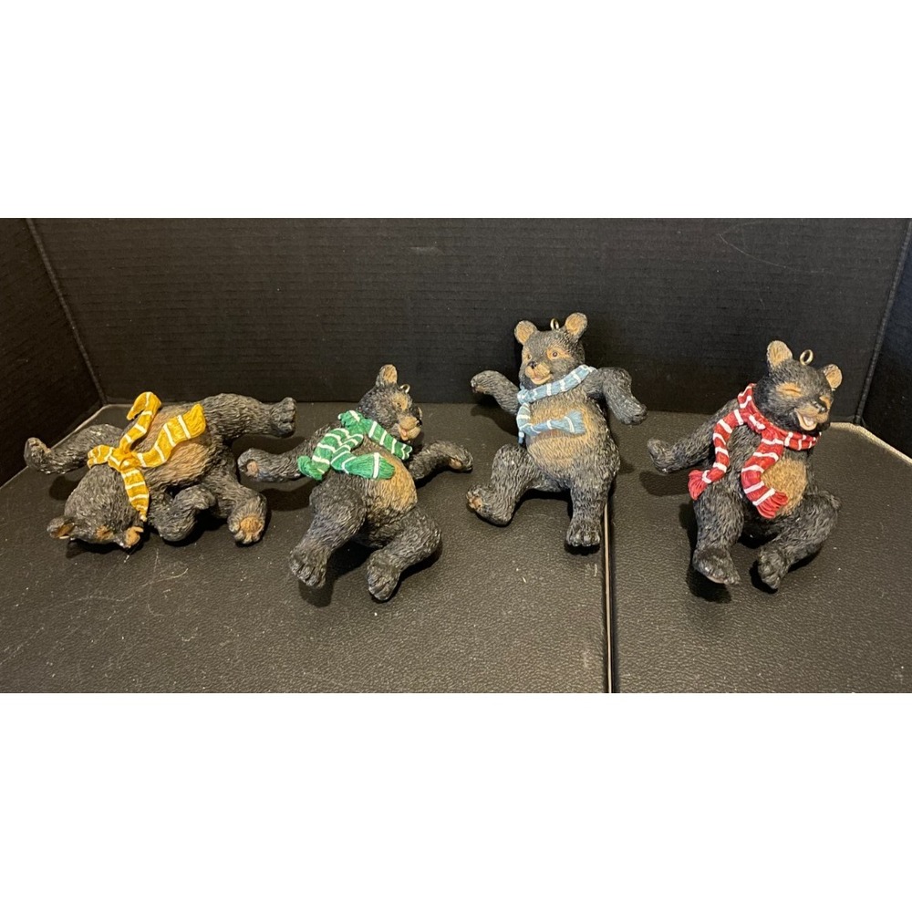 Black Bear Cubs Red Yellow Green Blue Scarf Christmas Holiday Ornament Set Of 4